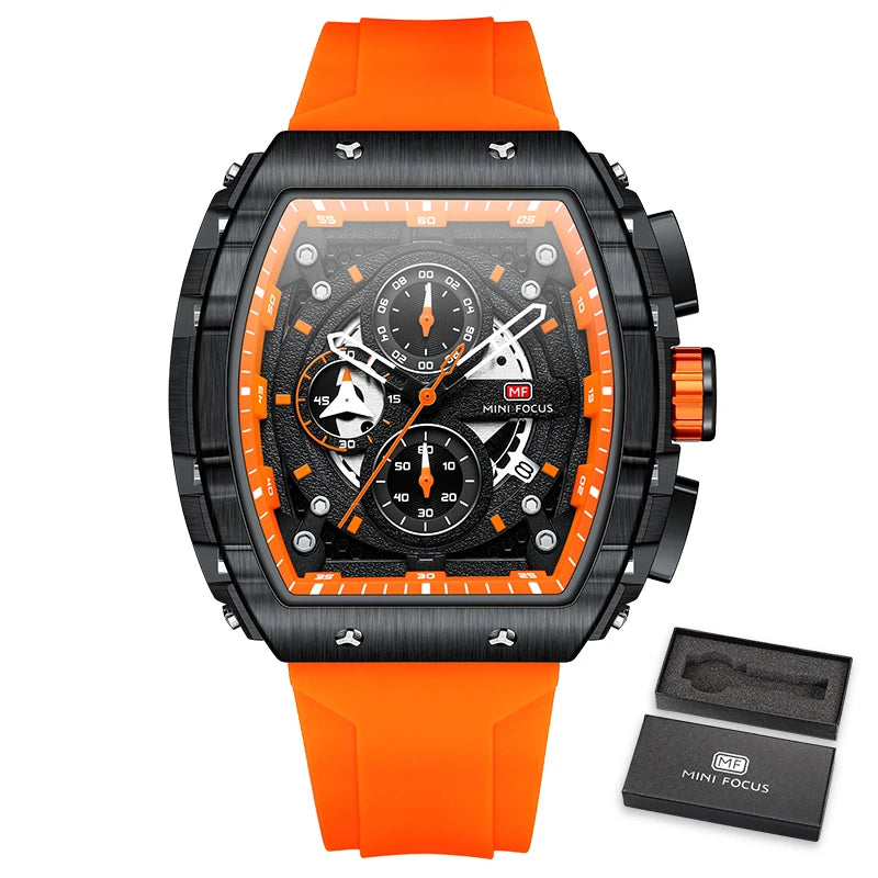 MINI FOCUS Chronograph Quartz Watch for Men Tonneau Dial Military Sport Wristwatch with Orange Silicone Strap Auto Date 0399 - Uknowucme