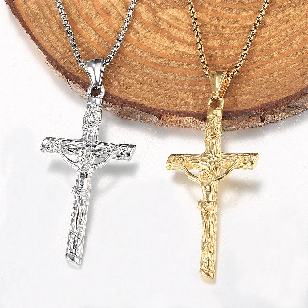 Stainless Steel Religious Crucifix Jesus Cross Necklace Pendant Gold Color Silver Color  for Men Women Box Chain jewelry KP687