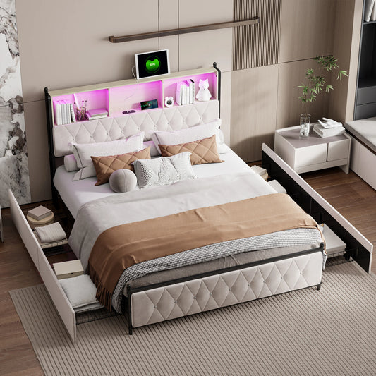 Upholstered Bed Frame with USB Charging Station and LED Lighting, Double Bed Storage Beds Functional Bed Frame with 4 Drawers