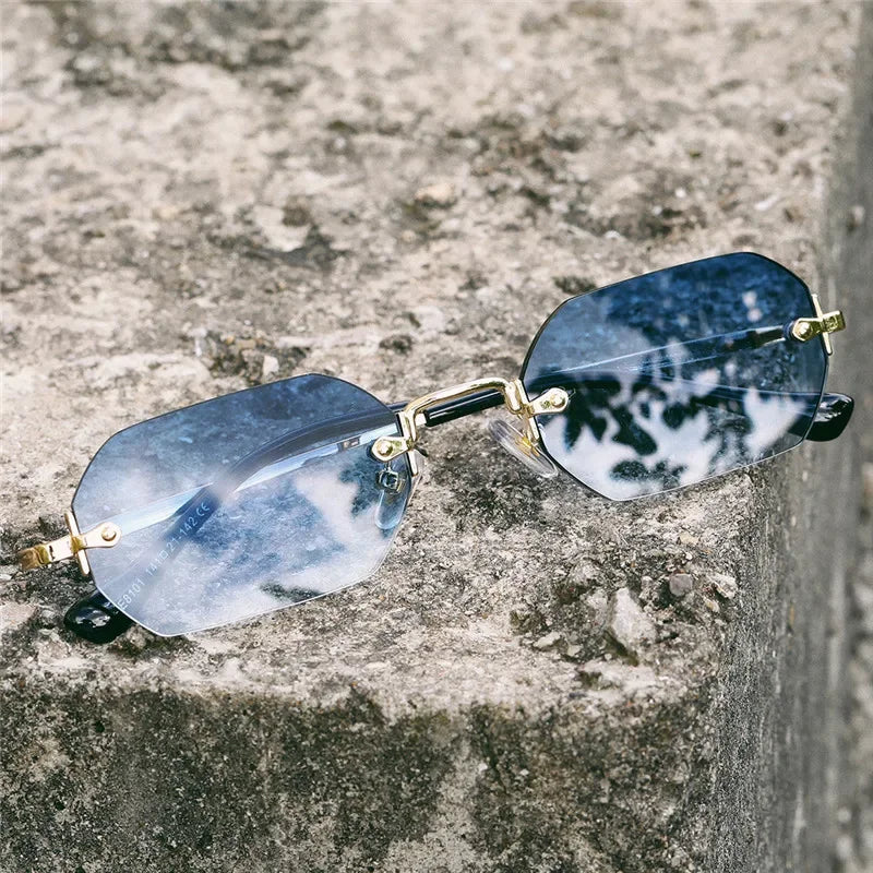 Rimless Rectangle Sunglasses Small Men Glasses Women Metal Gold Polygon Blue Shades 2024 UV400 Frameless - Uknowucme