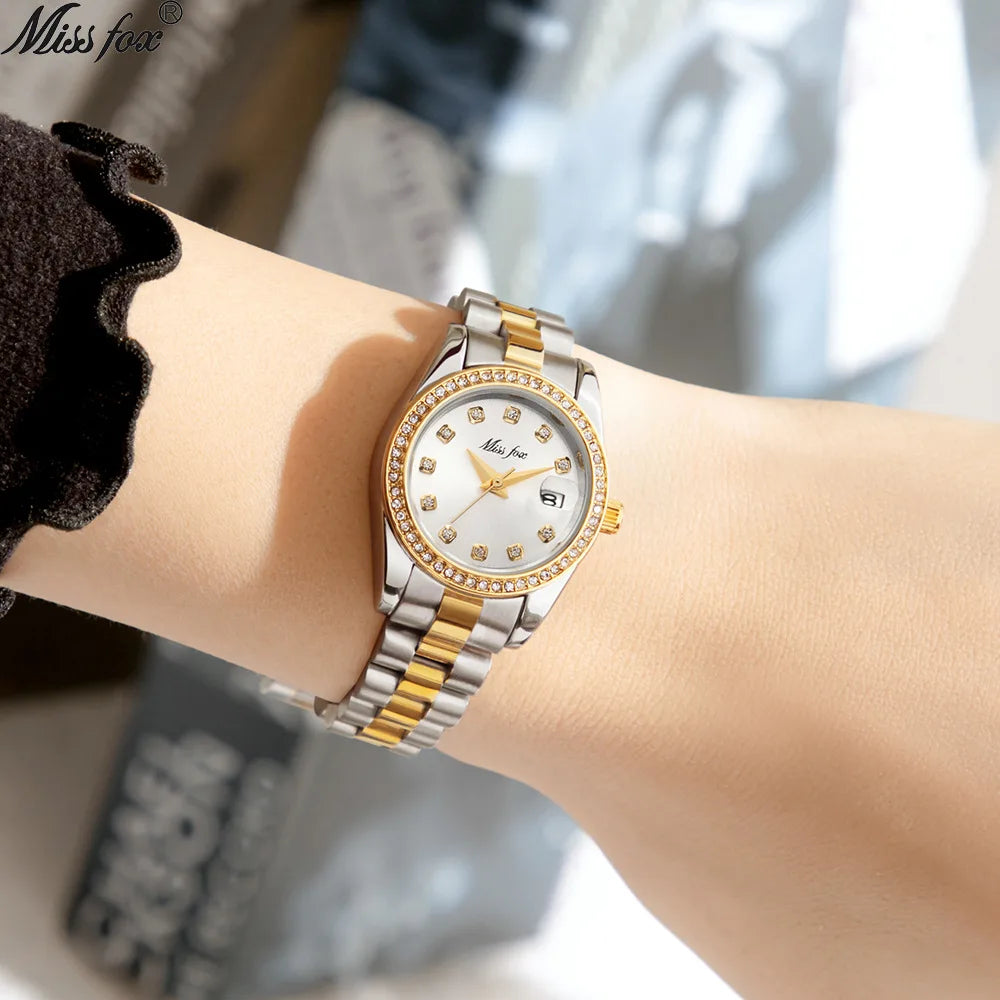 26mm Women Watches Calendar Quartz Wristwatches Iced Out Diamond Fashion Elegant Small Ladies Watch Stainless Gold Reloj Mujer