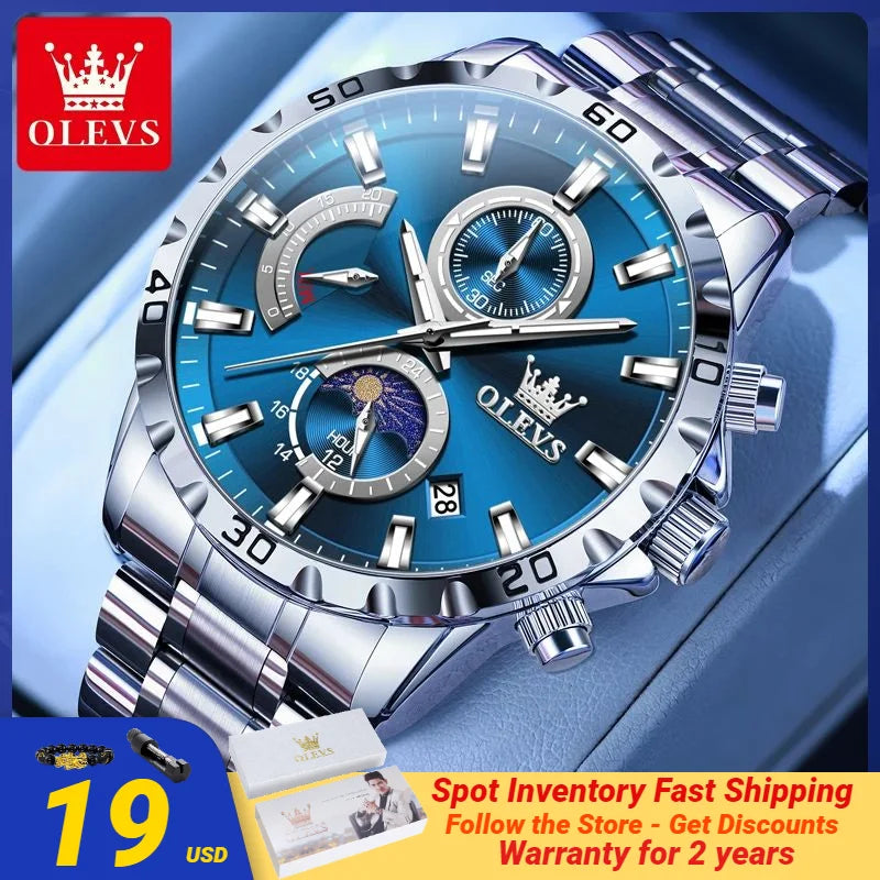 OLEVS 2953 Exclusive Design Men's Watches Full Stainless steel Moon Phase Waterproof Chronograph Quartz Watch for Men Genuine