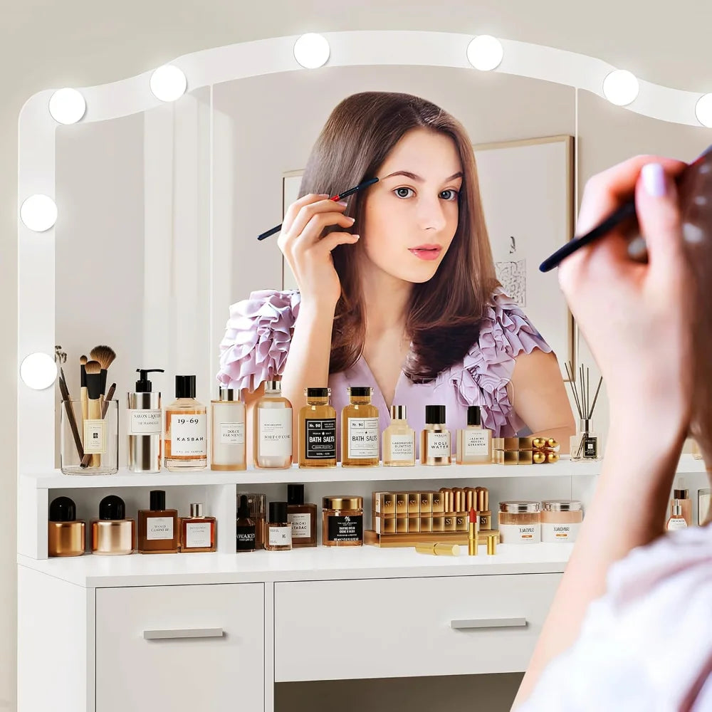 Vanity with Mirror and Light, Dressing Table Set with 3 Drawers, 2 Cabinets and 10 LED Bulbs Dresser