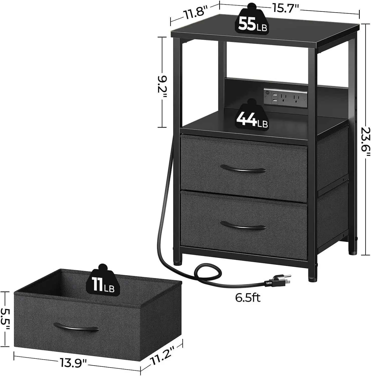 Nightstand with Charging Station, Bedside Table with LED Lights, Night Stand , 3-Tier Storage End Table for Bedroom, Black - Uknowucme