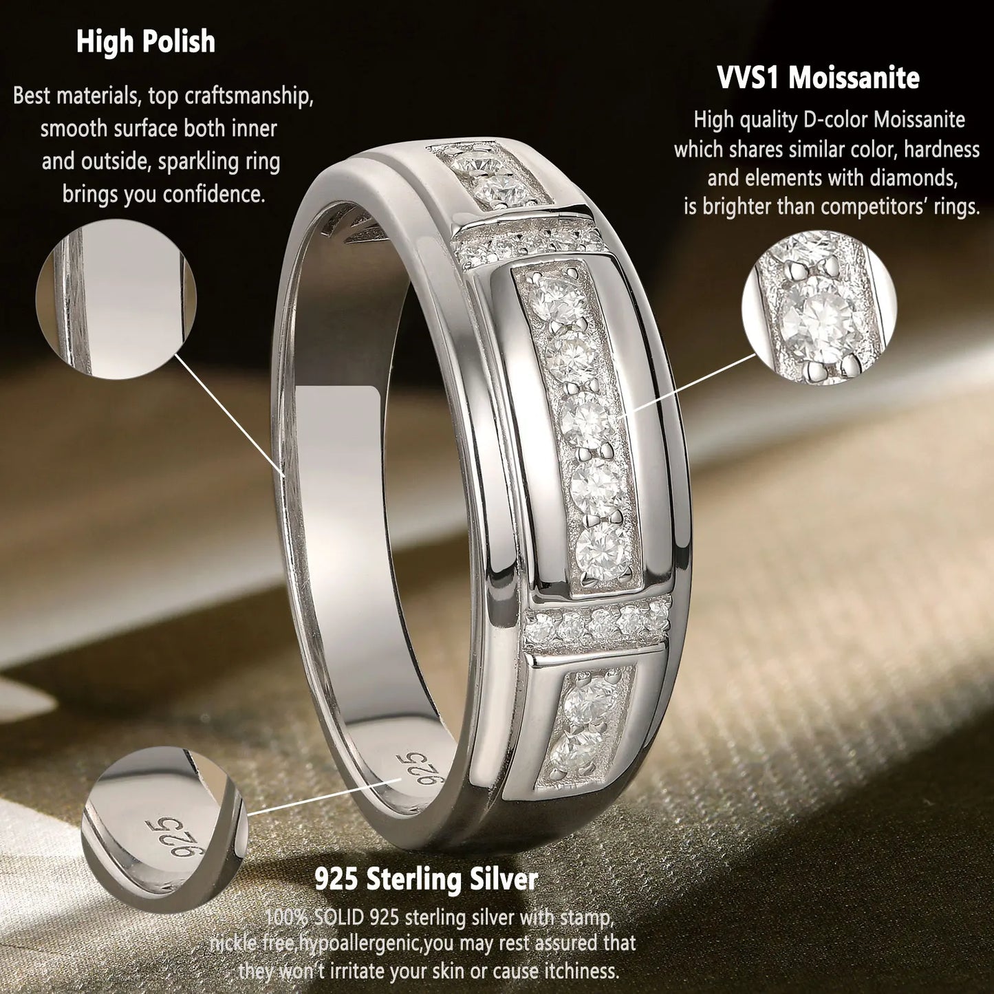 Newshe Full Moissanite Men's Wedding Band 925 Sterling Silver Promise Rings for Him Round Cut Engagement Eternity Ring - Uknowucme