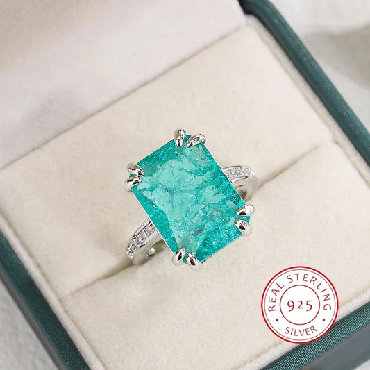 925 Silver Plated Exquisite Blue Green Moissanite Ring Fire Sparkling Luxury Open Ring Female Party Birthday Jewelry Gift - Uknowucme