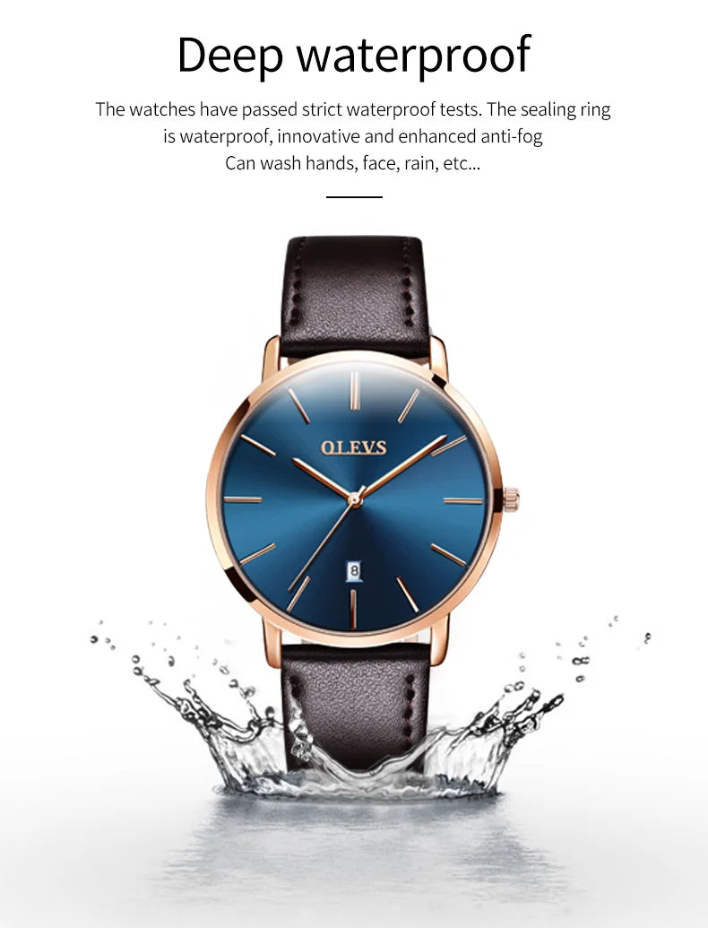 New In OLEVS Quartz Watch for Men Ultra Thin 6.5mm Minimalist Waterproof Date Bussiness Watch Fashion Leather Strap Men's Watch - Uknowucme