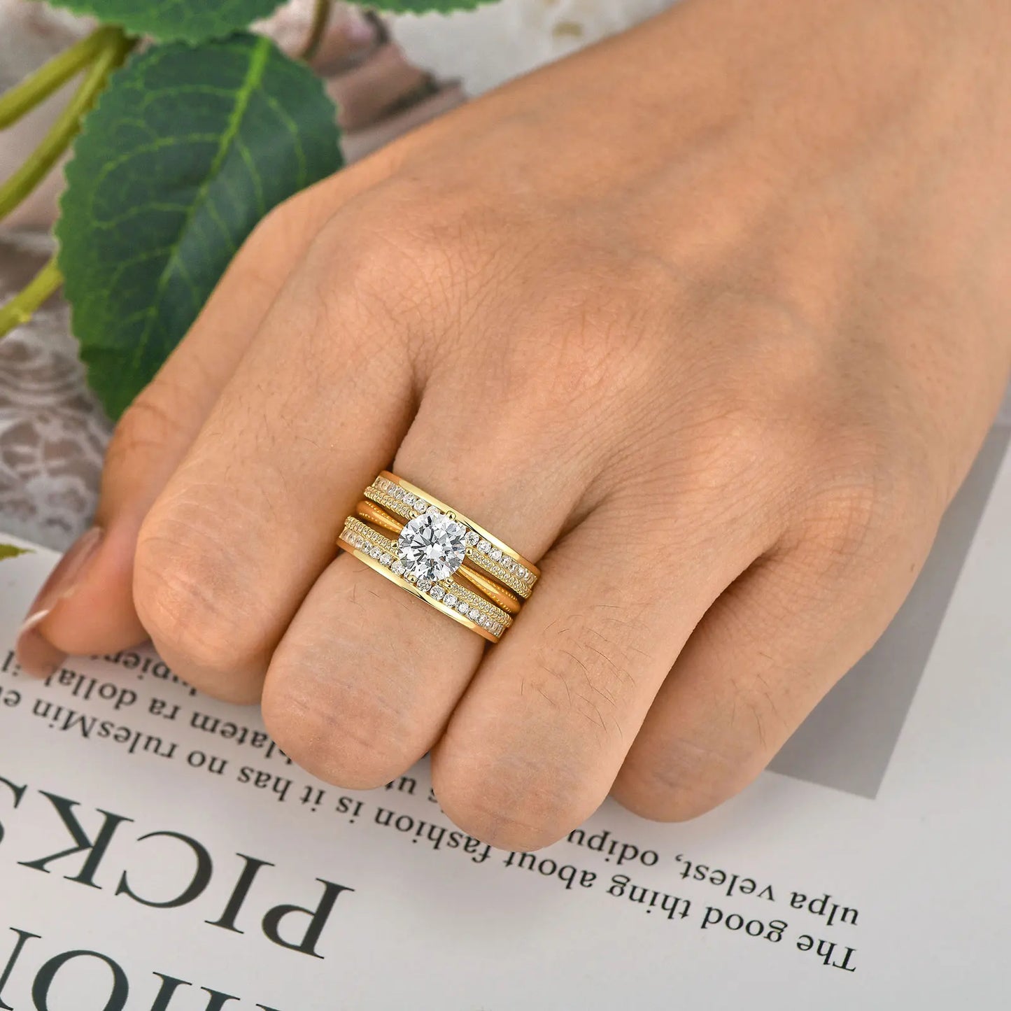 Newshe 925 Sterling Silver Yellow K Gold Rings for Women Round AAAAA Cubic Zircon Engagement Ring Enhancer Bridal Set Jewelry - Uknowucme