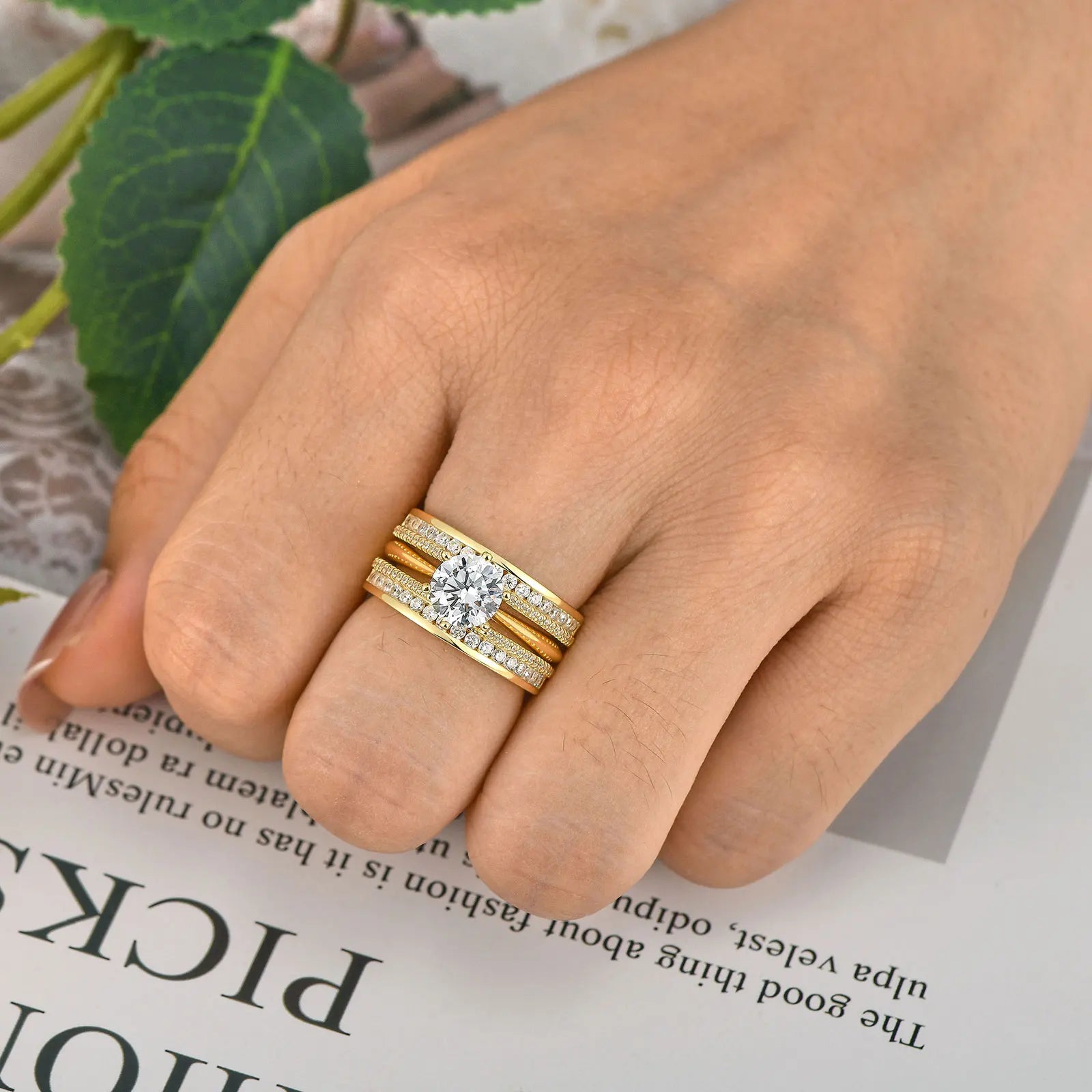 Newshe 925 Sterling Silver Yellow K Gold Rings for Women Round AAAAA Cubic Zircon Engagement Ring Enhancer Bridal Set Jewelry - Uknowucme