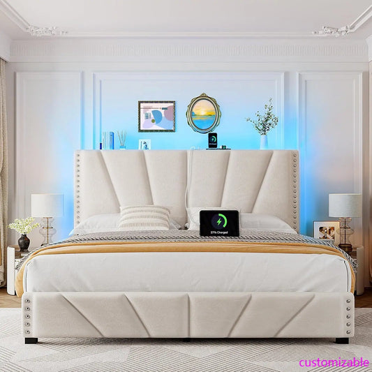 King Size Bed Frame with Velvet Headboard and LED Lights， Storage Headboard Platform Bed with Charging Station - Uknowucme