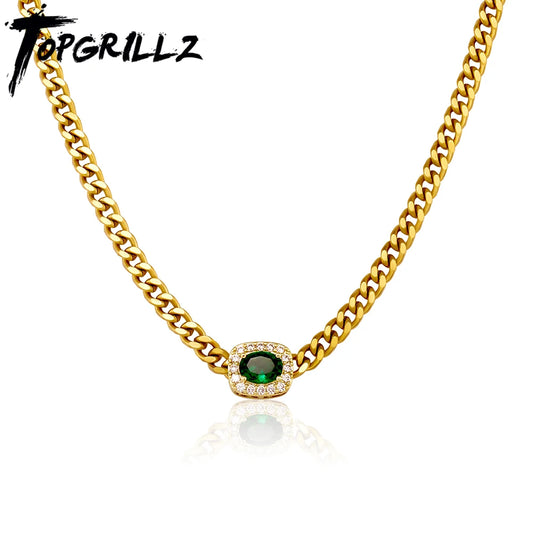 TOPGRILLZ 3MM Stainless Steel Cuban Chain Necklace With Iced Out Cubic Zirconia  Hip Hop Jewelry Gift