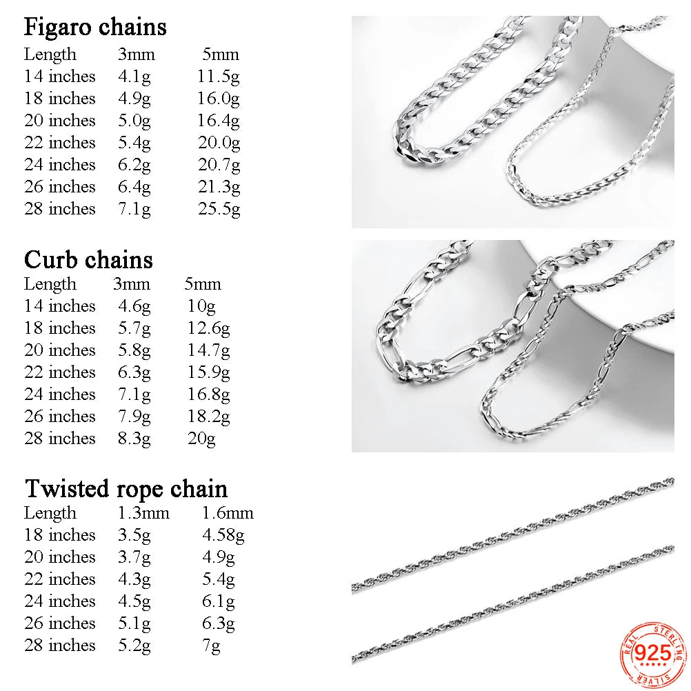 U7 Solid 925 Sterling Silver Chain Necklace for Men Women Twised Rope Italian Figaro Cuban Curb Chains Stackable Unisex Jewelry