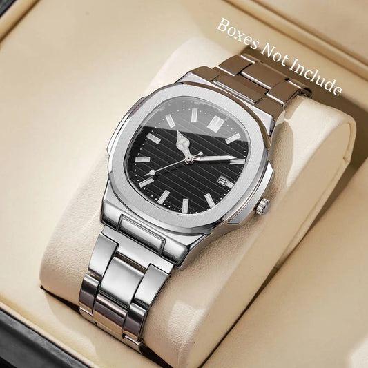 Fashion Square Men Business Watches Luxury Stainless Steel Strap Quartz Watch with Calendar For Mens Clock（Without Box） - Uknowucme