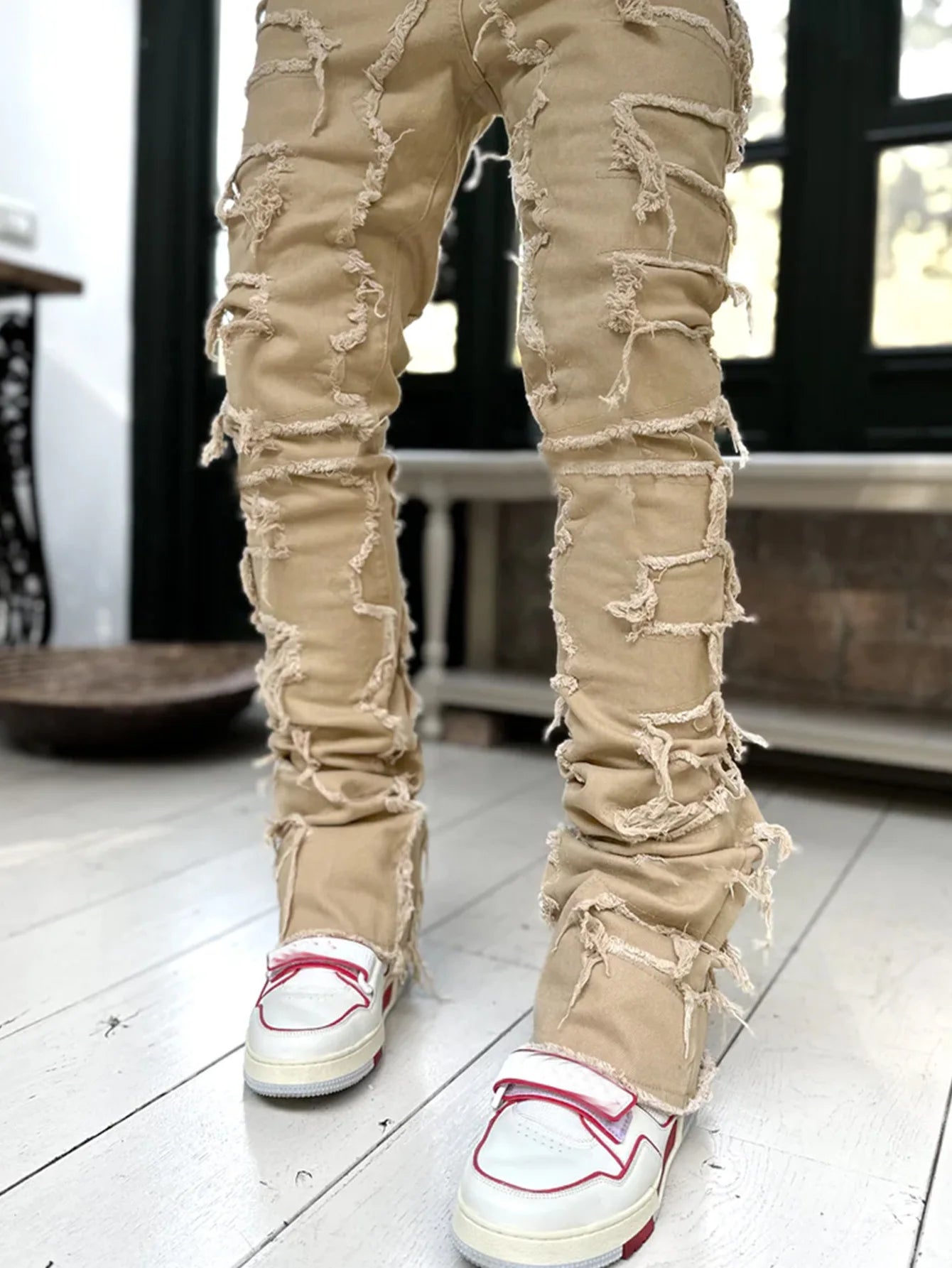 Spliced Distressed Denim Pants Men Jeans Ripped Mid Waist Pockets High Street Jean Skinny Washed Ankle Length Pencil Pants - Uknowucme