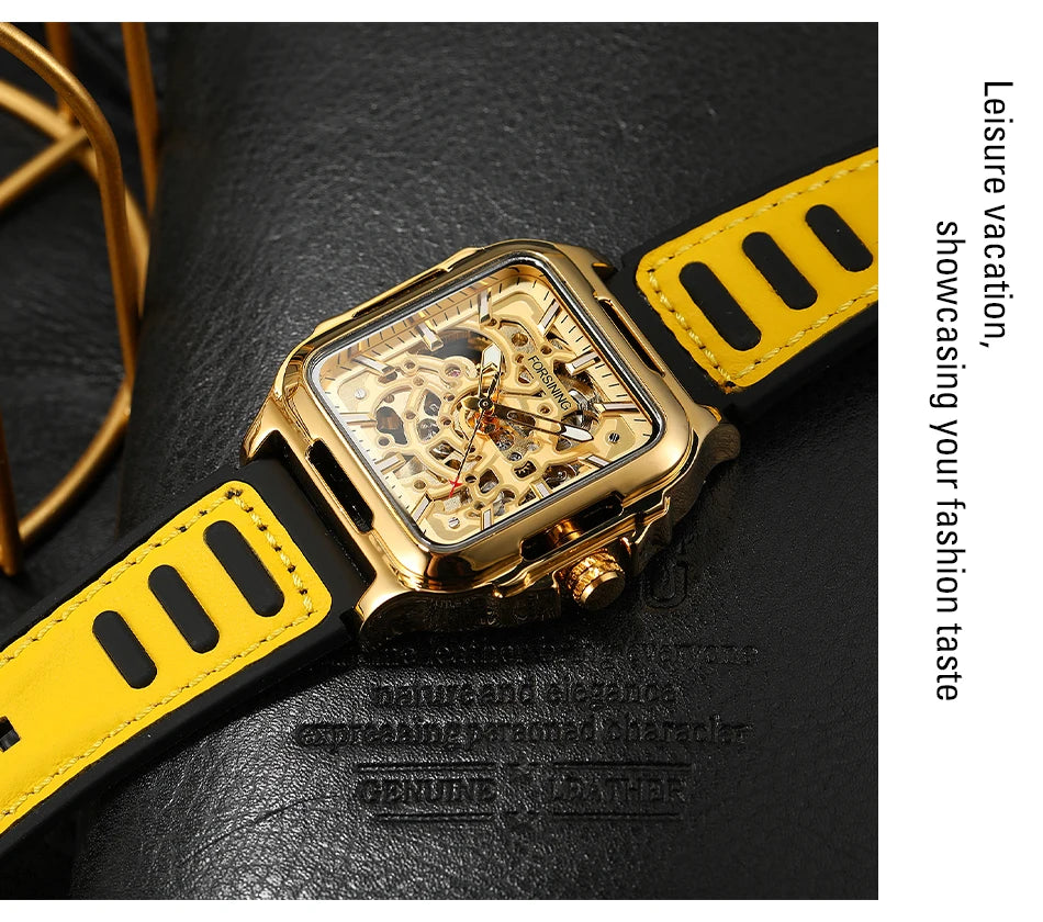 FORSINING Original Square Skeleton Mechanical Man Wristwatches Automatic Movement Field Sports Waterproof Silicone Replica Watch - Uknowucme