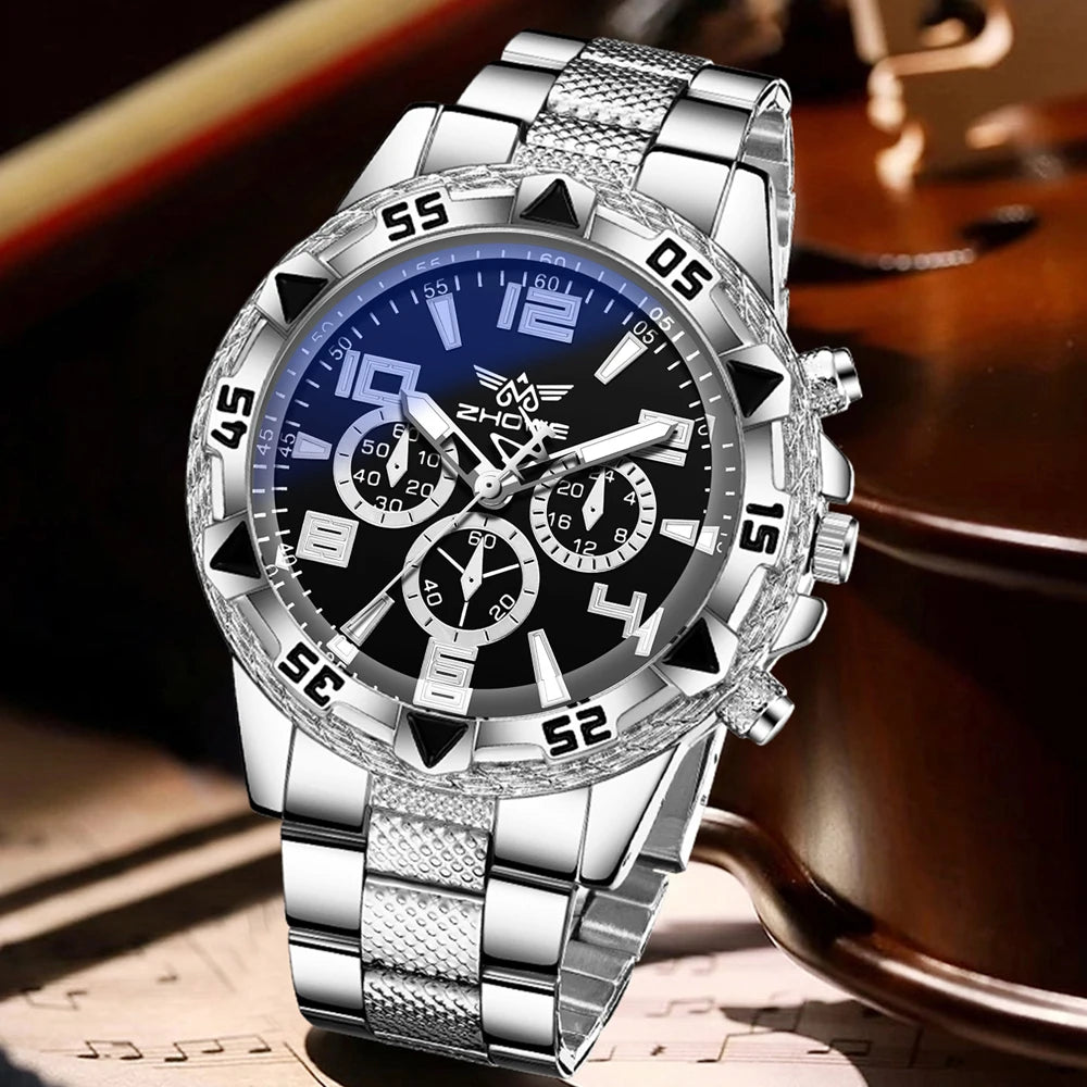 2PCS Silver Men's Watch Set Fashion Trend Business Quartz Watch Set Suitable for Daily Clothing Matching Perfect Gift - Uknowucme