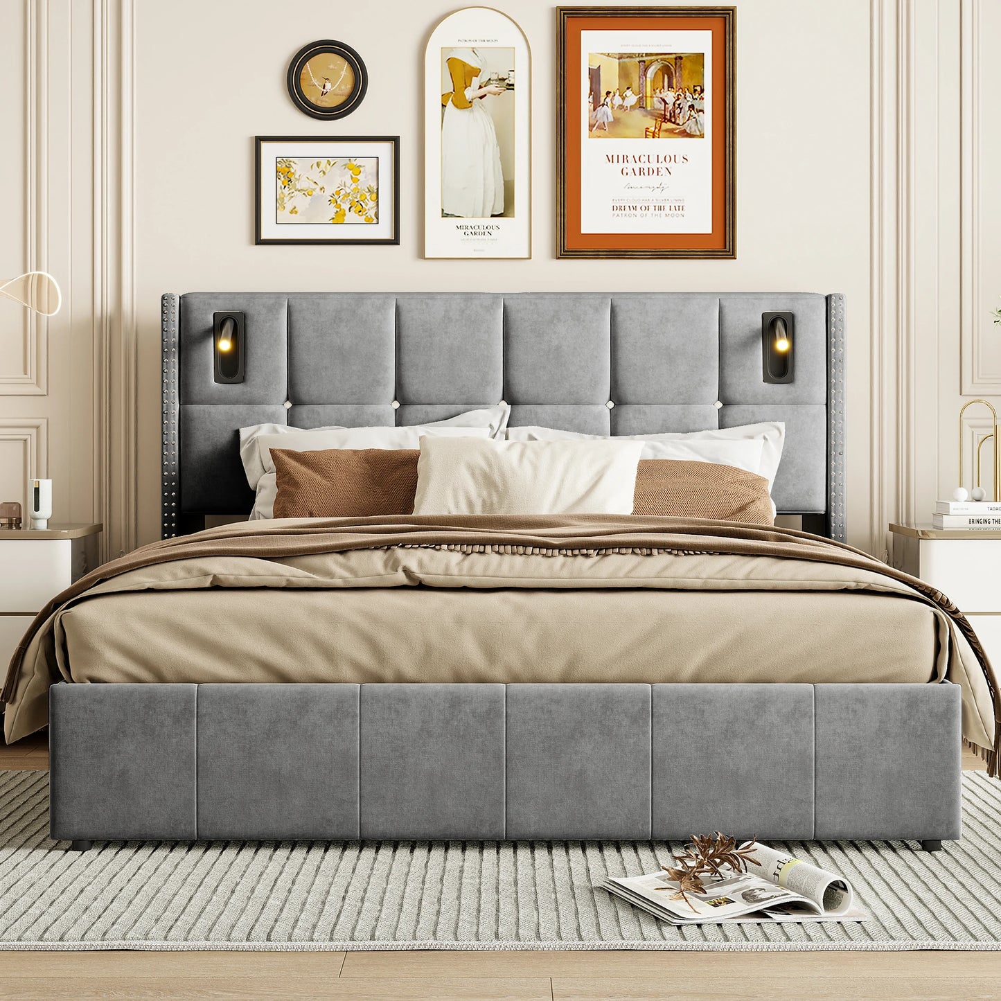 Double Bed 160x200cm, Upholstered Bed with USB & Reading Lamps, Bed Box, Storage Beds Bed Frame Velvet, Youth Bed with Headboard