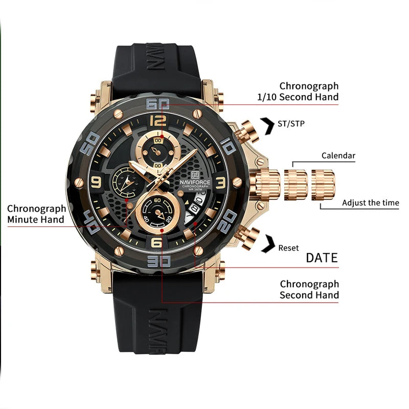 NAVIFORCE Men's Quartz Watch Fashion Trend 5ATM Waterproof Male Watches Chronograph Luminous Hands Silicone Strap Lightweight - Uknowucme