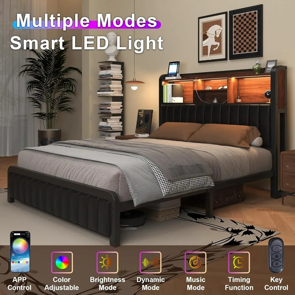 Full Bed Frame 54.3" Tall with 3-Tier Storage Headboard and PU Leather, Metal Platform Bed Frame with LED Lights and Charging - Uknowucme