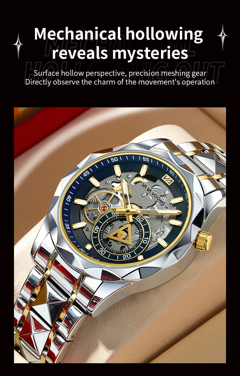 VA VA VOOM Stainless Steel Mens Quartz Watch With 41mm Hollowed Out Dial Quartz Movement Luminous Gold Luxurious Men Wristwatch - Uknowucme