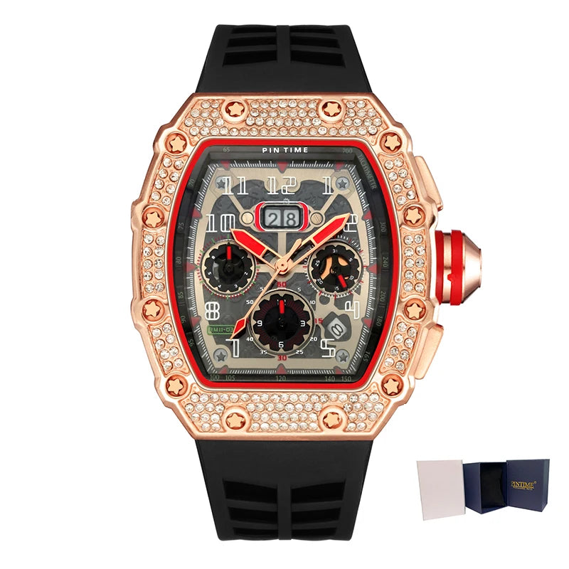 New Arrival Men Business Quartz Watch PINTIME Top Brand Bling Iced Out Diamond Hip Hop Chronograph Popular Item Six Colors