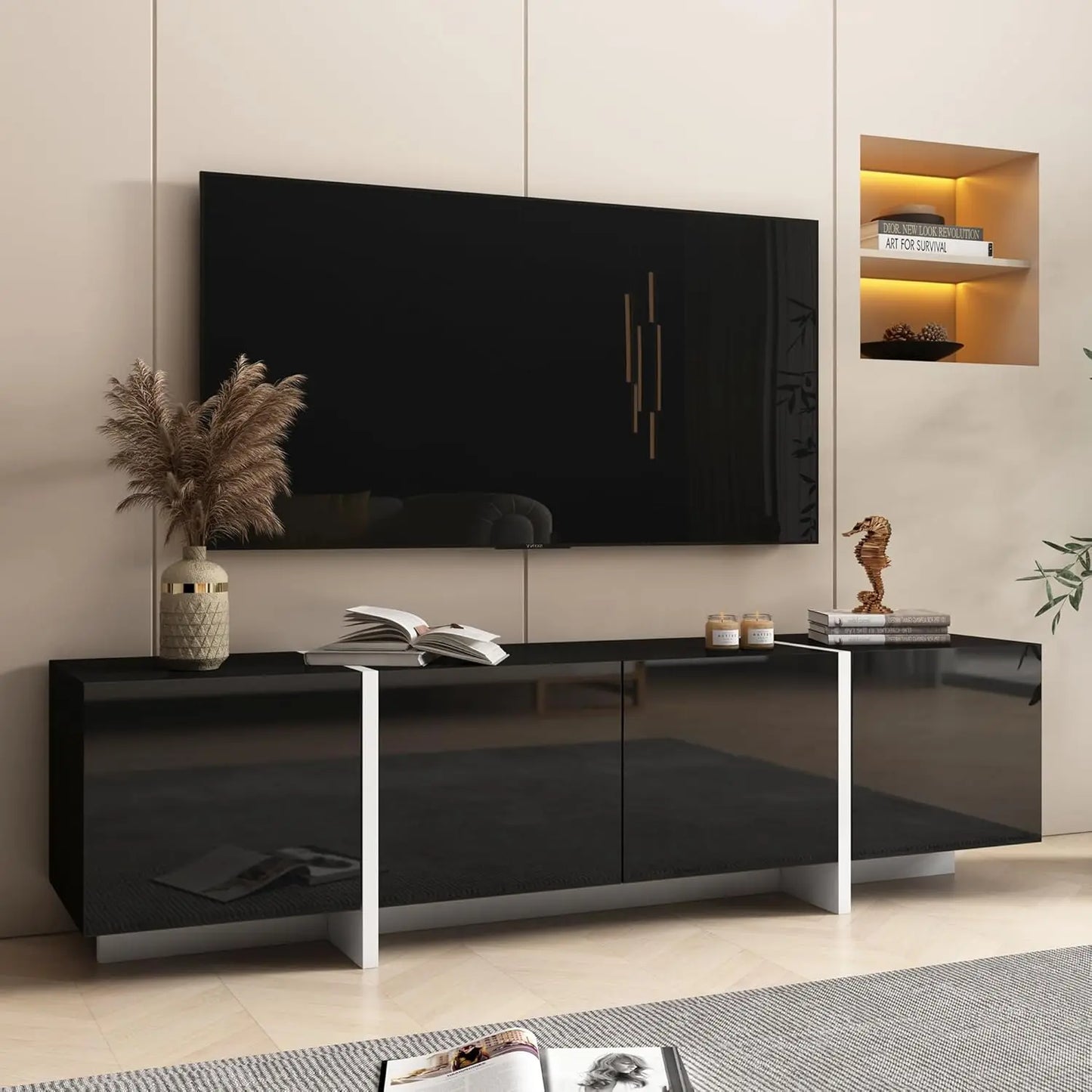 Modern TV Stand, 65 70 75 Inch White TV Stands for Living Room, Entertainment Center with Storage, TV Console Table with Adjusta