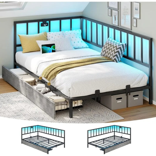 Led Bed Frame with 2 Storage Drawers and Charging Station Twin Platform Corner Bed Frame with Upholstered Guardrail Daybed - Uknowucme