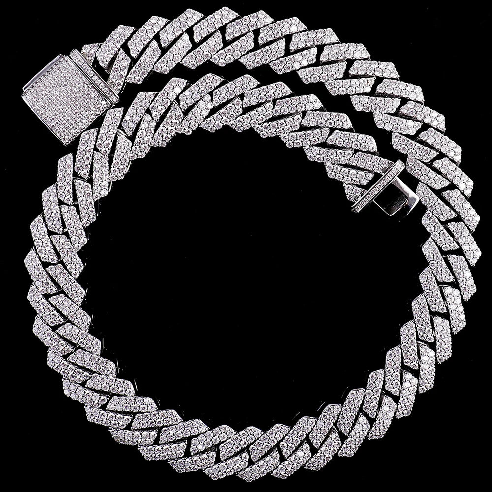 14mm D Color Moissanite Cuban Necklace & Bracelet Unisex S925 Silver 18K Plated Hip Hop 2 Row Stone Cuban Chain (Customize）