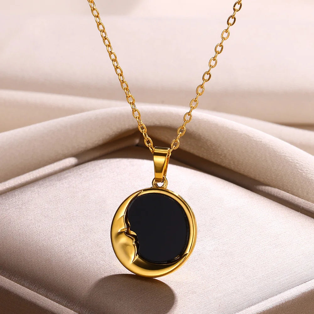 Stainless Steel Luck Clover Pendant Necklaces For Women Gold Color Chain Accessories Moon Round Necklace Square Cross Jewelry