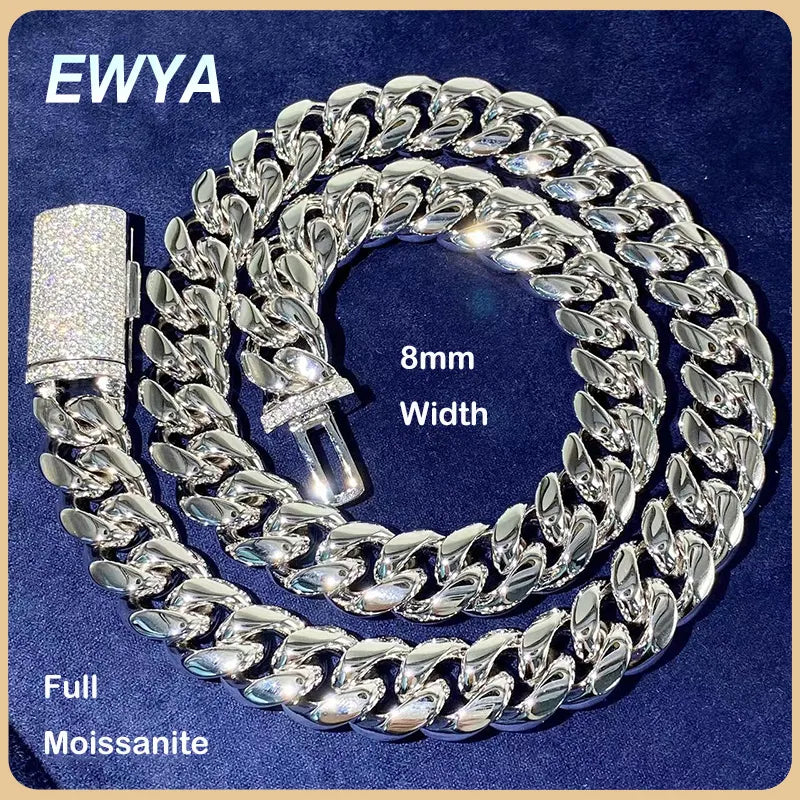 EWYA Luxury D Color Full Moissanite Cuban Chain Tennis Necklace for Men Women Stainless Steel Diamond Hip Hop 8mm Link Bracelet - Uknowucme