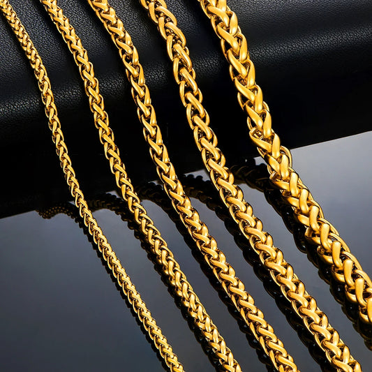 HIYEE Thickness 3/4/5/6/7/8mm Gold Color Wheat Braided Stainless Steel Necklace Link Classic Curb Chain for Men Women Jewelry - Uknowucme
