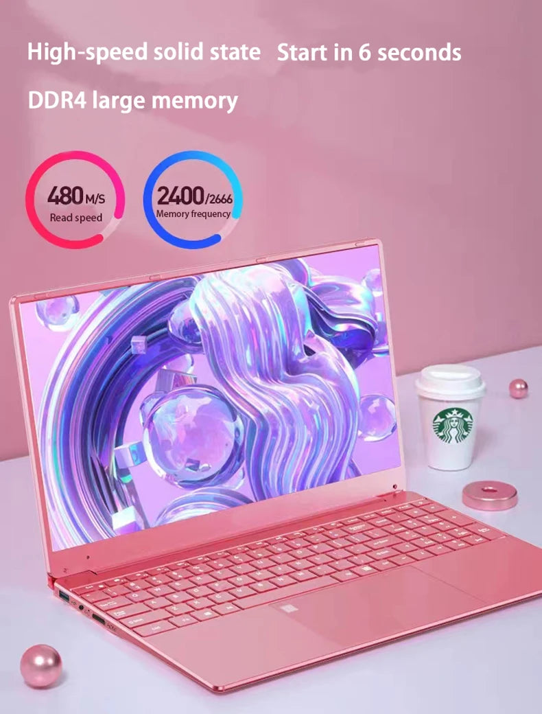 15.6 Inch Pink Laptop Windows 11 10 Pro 1920*1080 Portable Intel Laptop D4 12G RAM 128GB/256GB/512GB/1TB SSD HDMI Port - Uknowucme