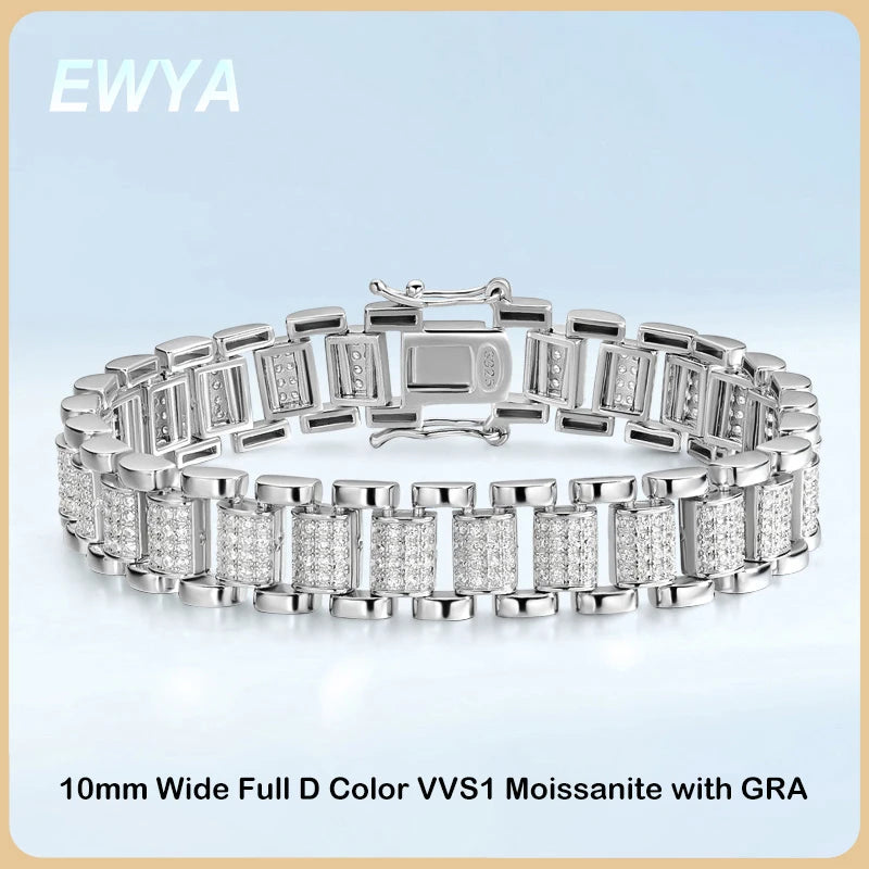 EWYA 2024 Original Full 1mm D Color Moissanite Diamond Cuban Link Bracelet For Men Women Unisex 925 Silver 10mm Wrist Bracelets