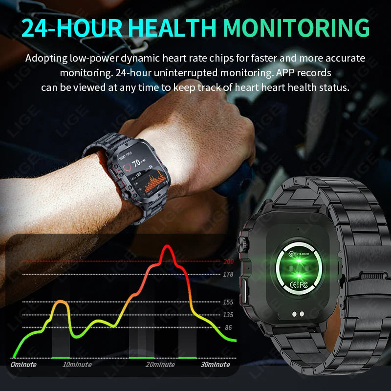 LIGE New Rugged Military GPS Smart Watch Men Bluetooth Call Health Monitoring AI Voice Sports Waterproof Smartwatches For Xiaomi