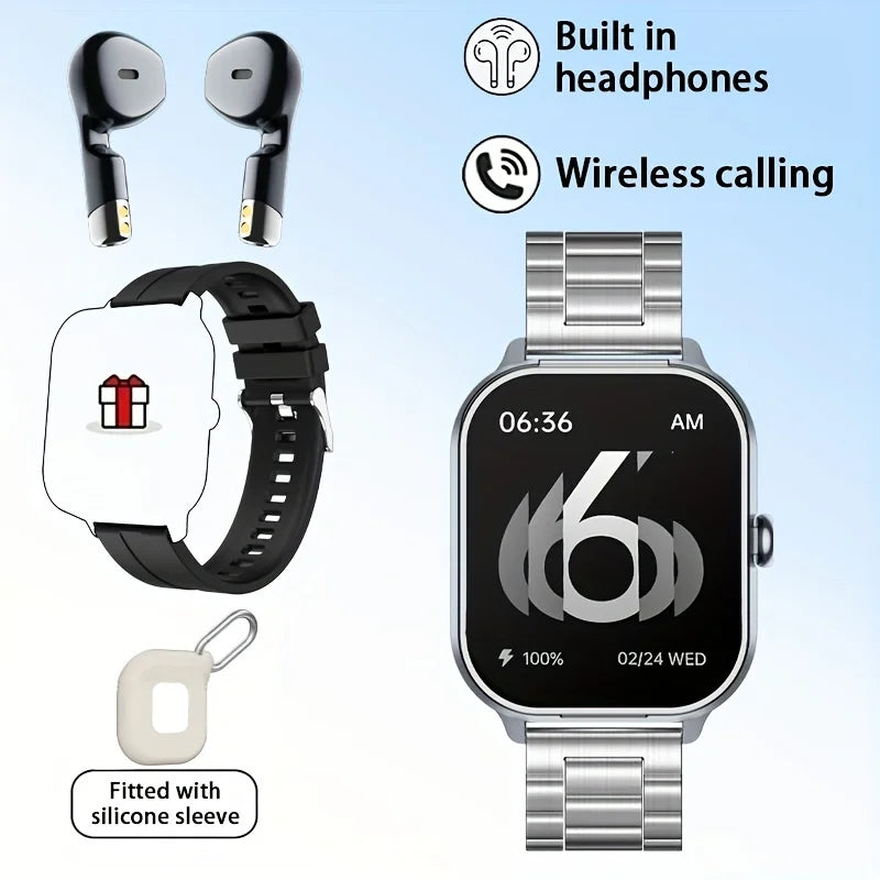 Men Smart Watch 2.01 inch HD Large Screen Waterproof Heart Rate Blood Oxygen Bluetooth earphone TWS 2 in 1 Make phone calls 2024