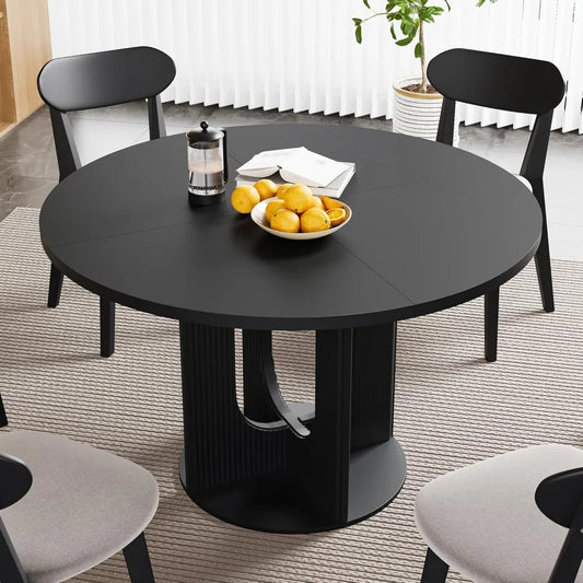 Farmhouse Round Fluted Dining Table for 4, 47 Inch Circle Kitchen Table with Wooden Pedestal Base, Dinner Tables for Home Living