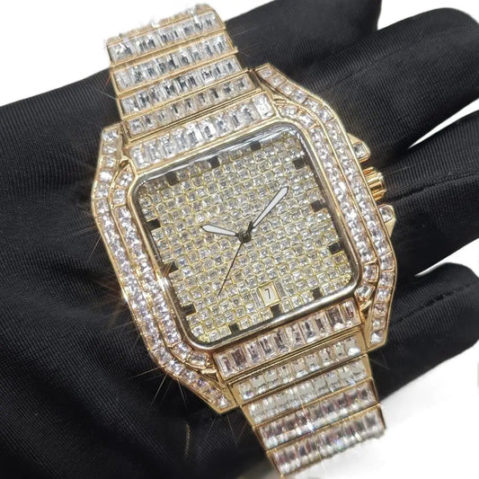 Hot Luxury Square Diamond Watch for Men Hip Hop Style Bling Bling Iced Out Wristwatch Fashion Stainless Steel Waterproof Clock - Uknowucme