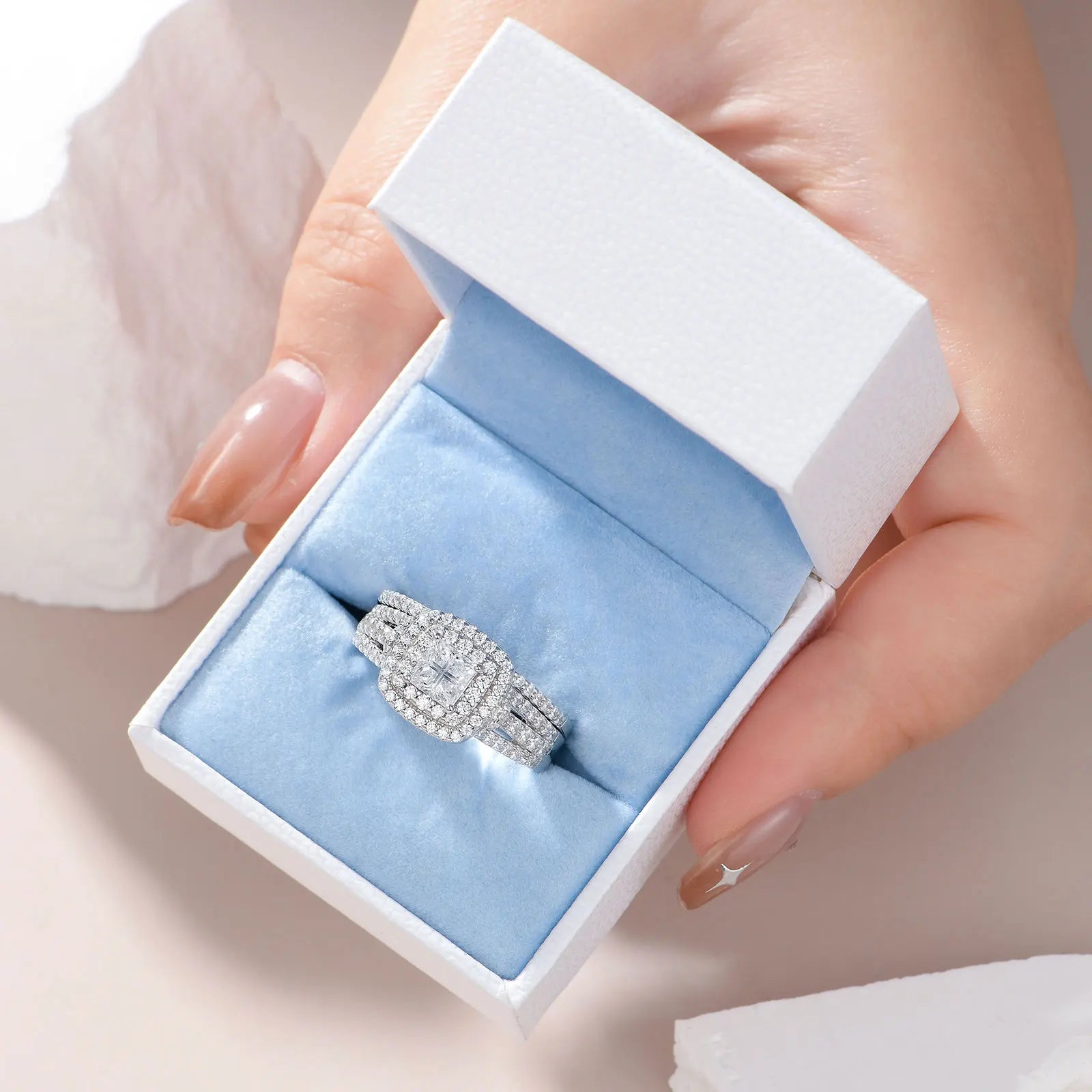 Newshe Luxury 925 Sterling Silver Halo Wedding Ring Set for Women Elegant Jewelry Princess Cross Cut Simulated Diamond Rings - Uknowucme