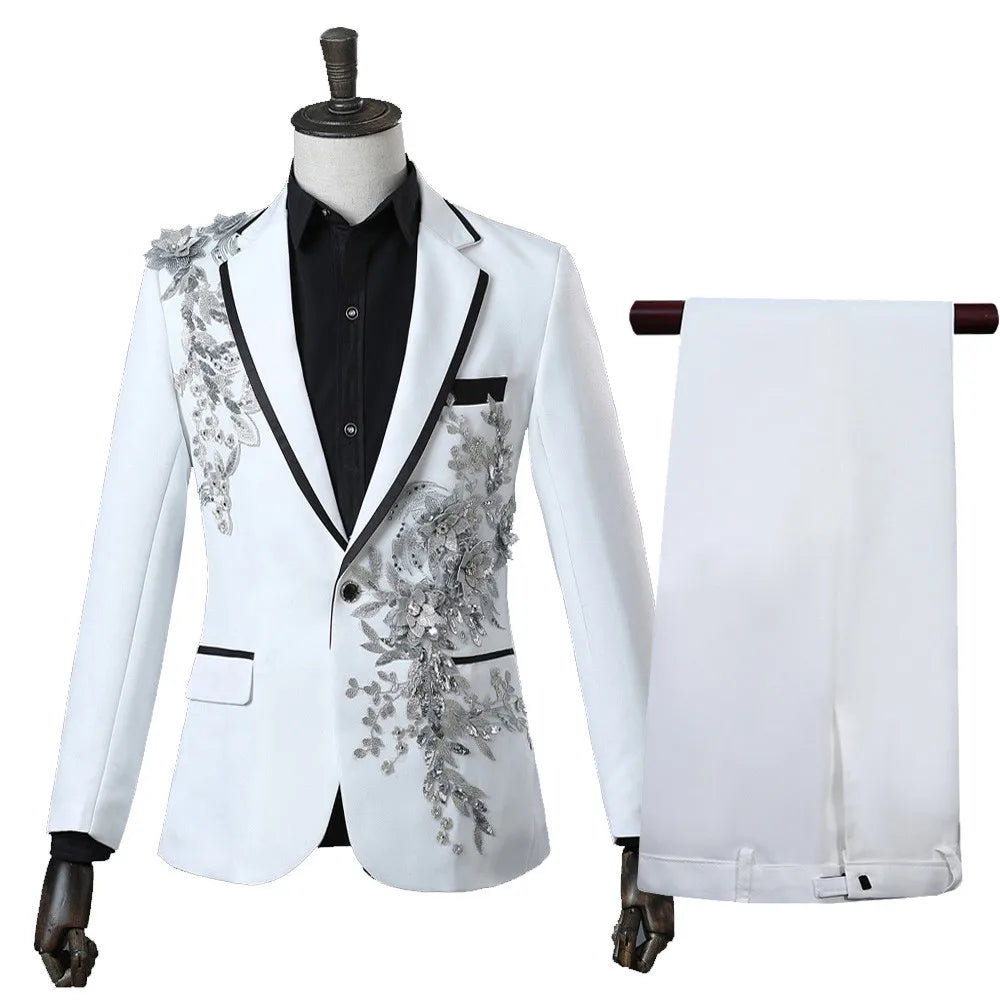 Elegant Appliqued Two-piece Men's Suit for Wedding Banquet Host Dance Prom Christmas Costume Men Blazer Chinese Style - Uknowucme