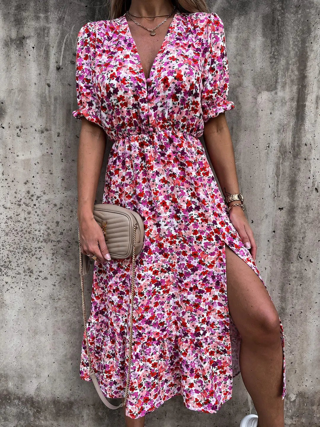 Summer Floral Print Dress Women V Neck Side Slit Long Dress Elegant Short Sleeve Button Slim Spring Female Party Dress Vestidos - Uknowucme