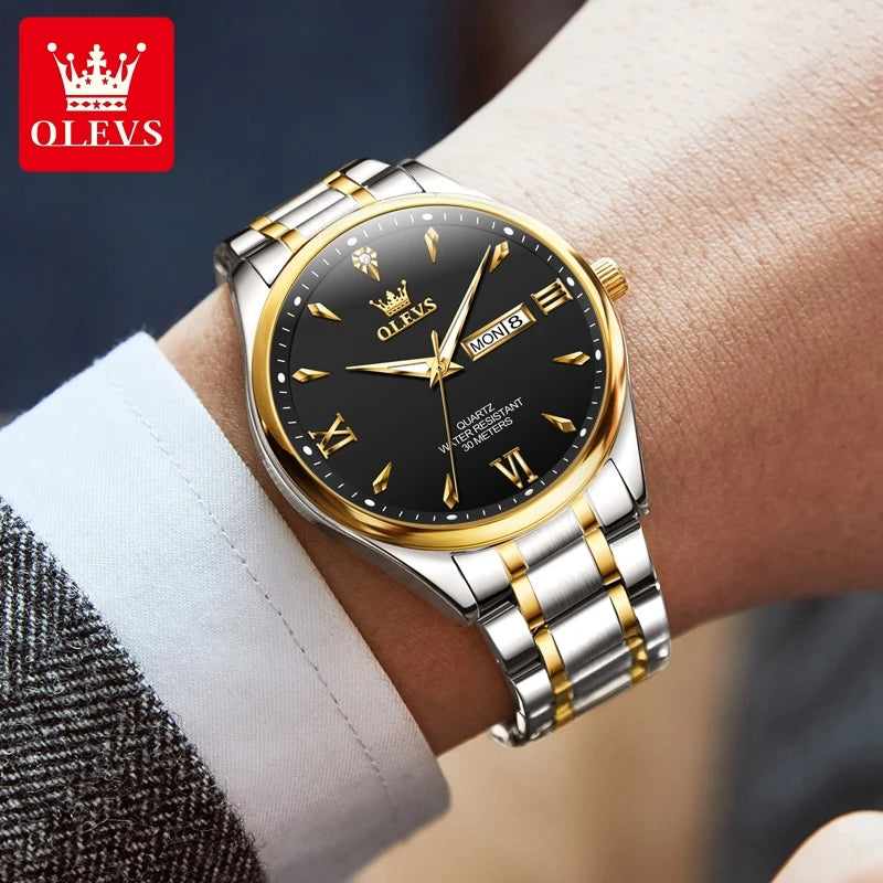 OLEVS Fashion Brand Original Men's Watches Week Calendar Luminous Quartz Watch for Men Waterproof Stainless Steel Strap Business - Uknowucme