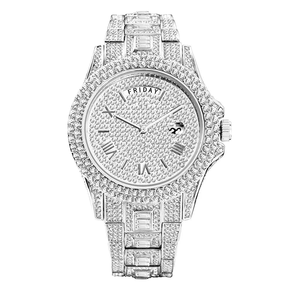 Bubble Letter DAY DATE ROMAN NUMERALS VVS Man ICED OUT WATCH Relogio Masculio - Uknowucme