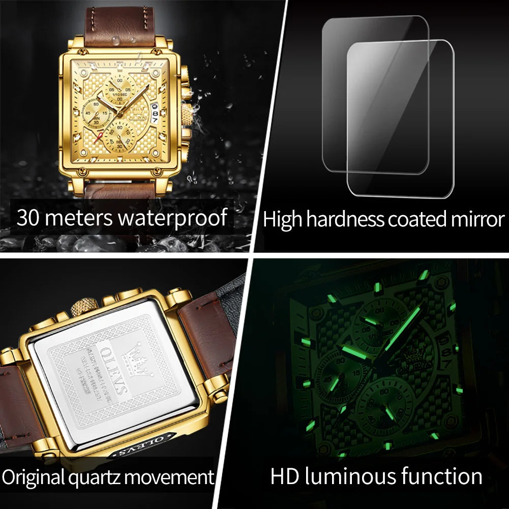 OLEVS Brand 9925 Men's Watches Gold Square Dial Quartz Male Watch Original Leather Strap Fashion Watch 30m Waterproof Top Ten - Uknowucme