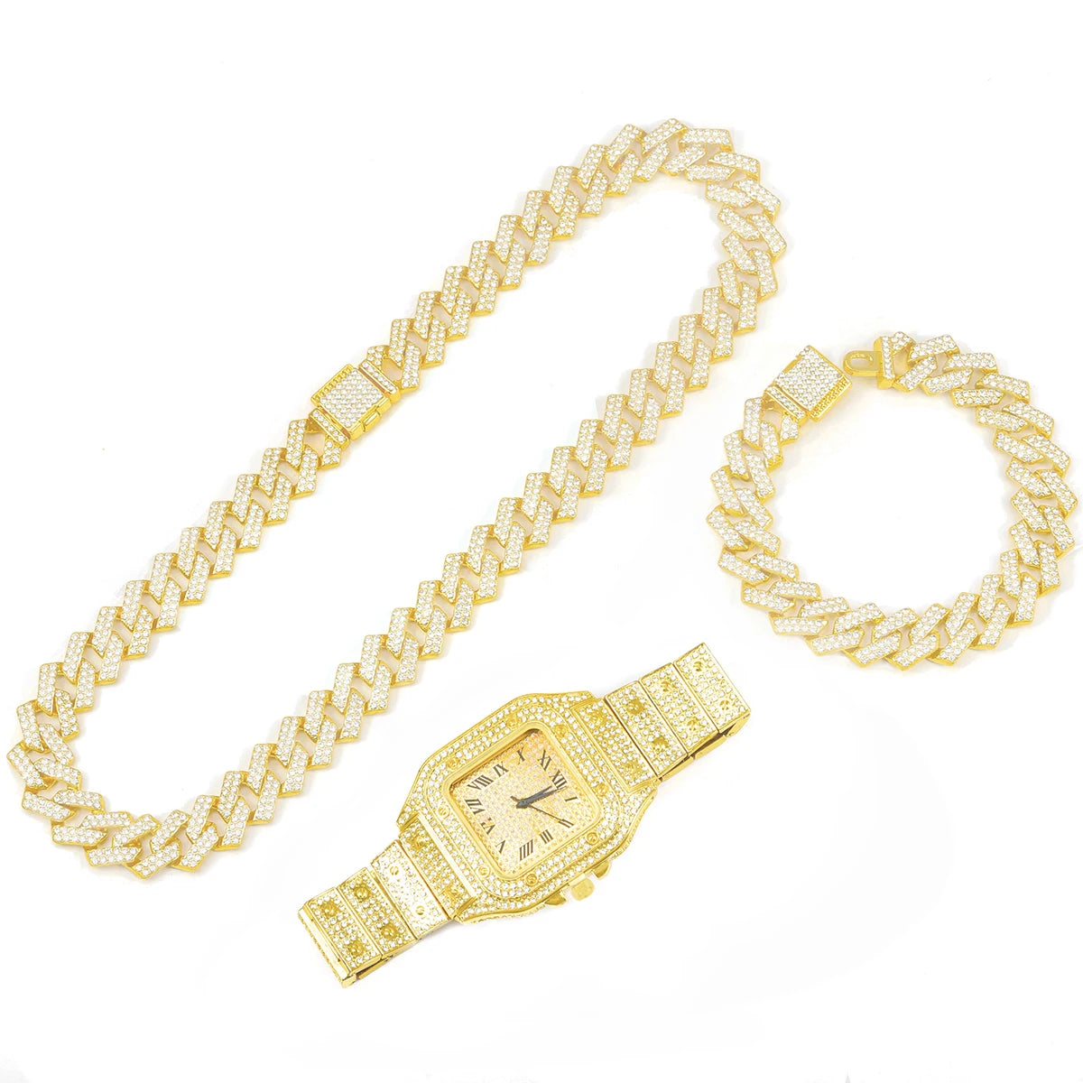 3pcs Men's Watch Set Hip-hop Punk Inlay Diamond Square Watch+Cuban Chain+Bracelet Comes With Strap Adjuster Stylish Jewelry Gift - Uknowucme