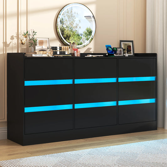 9 Drawer Dresser with Power Outlet & LED Light, Modern Chest of Drawers for Closet, 63" Drawer Organizer Cabinet for Bedroom - Uknowucme