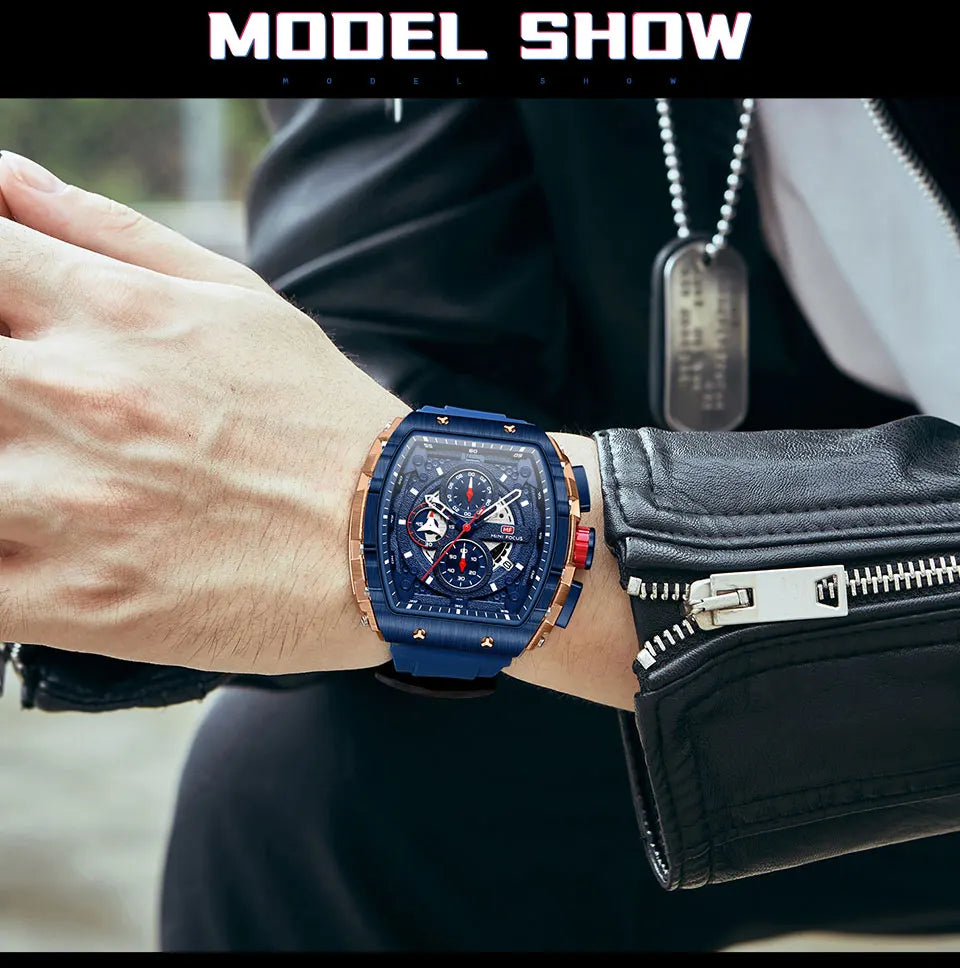 MINI FOCUS Chronograph Quartz Watch for Men Tonneau Dial Military Sport Wristwatch with Orange Silicone Strap Auto Date 0399 - Uknowucme