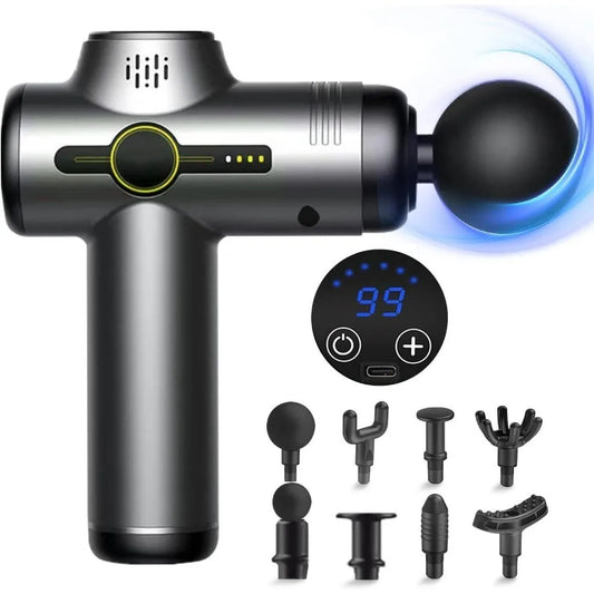 Rechargeable Massage Gun with 99 Adjustable Speeds, 8 Interchangeable Massage Heads, Handheld Massager for Muscle Pain Relief - Uknowucme