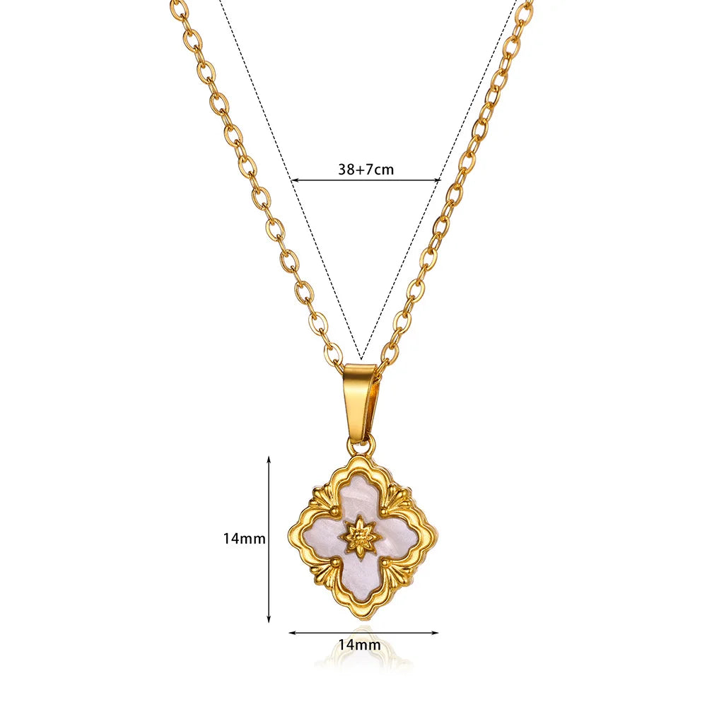 Stainless Steel Luck Clover Pendant Necklaces For Women Gold Color Chain Accessories Moon Round Necklace Square Cross Jewelry