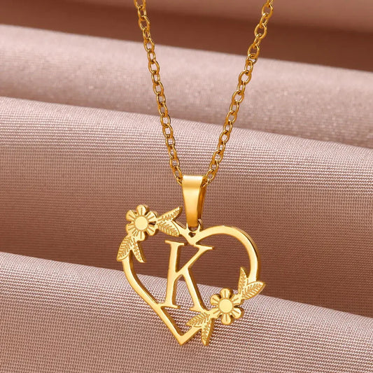 Gold Color Dainty Flower Initials Necklace Women Girl Stainless Steel Heart Letter Choker Necklace Best Gifts Alphabet Jewelry - Uknowucme