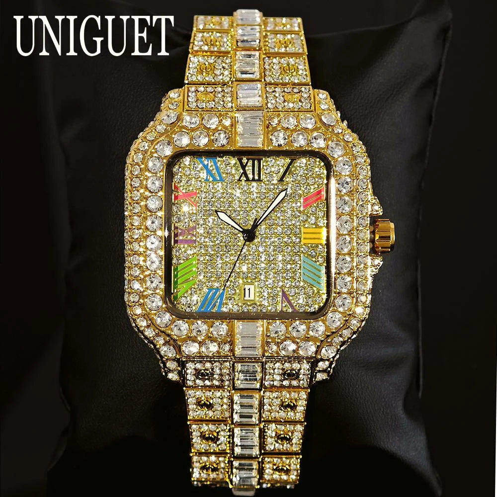 UNIGUET Luxury Iced Quartz Watch for Men Fashion Color Roman Square Watches Man Hip Hop Diamond AAA Jewelry Wristwatch Reloj Hot - Uknowucme
